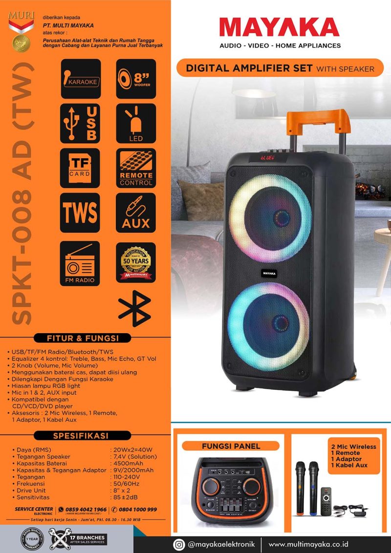 MAYAKA Elektronik Speaker Trolley Digital Amplifier Set with Speaker SPKT-008 AD (TW) Audio Pengeras Suara Karaoke Perangkat Penguat Digital Mic USB Bluetooth FM Radio TWS Speaker Set Multi Mayaka Multimayaka