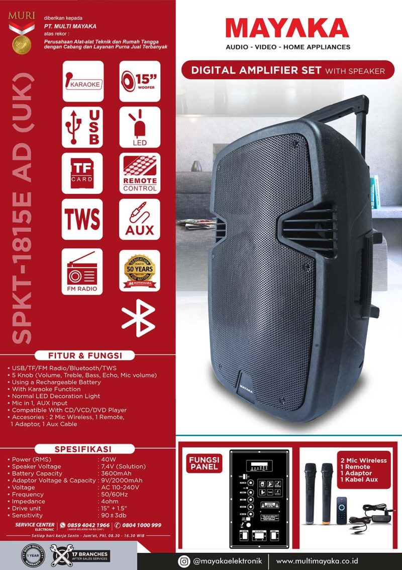 MAYAKA Elektronik Speaker Trolley Digital Amplifier Set with Speaker SPKT-1815E AD (UK) Audio Pengeras Suara Karaoke Perangkat Penguat Digital Mic USB Bluetooth FM Radio TWS Panel Audio Speaker Set Multi Mayaka Multimayaka Flyer